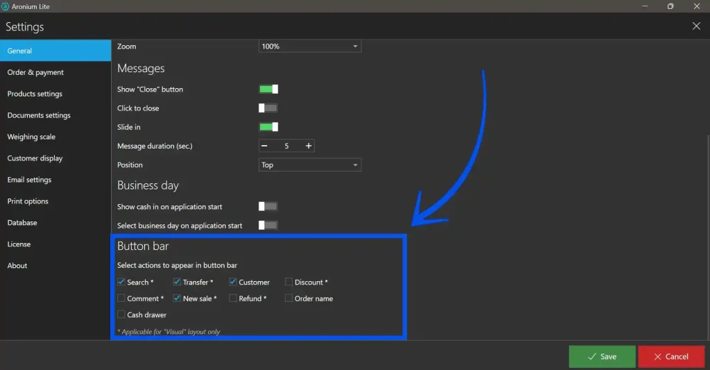 Aronium Settings with Button Bar section Highlighted