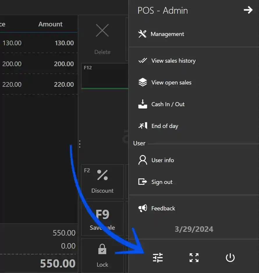 Aronium Sidebard with arrow pointing to settings icon
