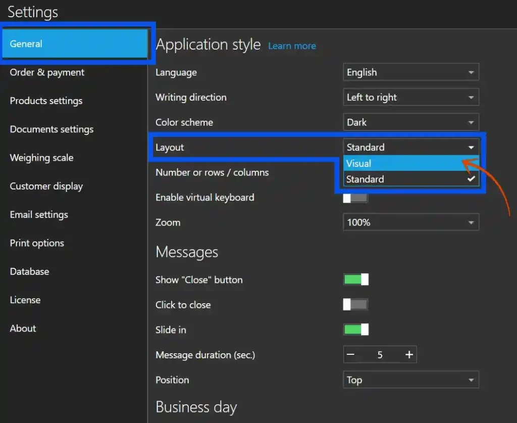 Aronium General Settings Window with arrow pointing to Visual Layout