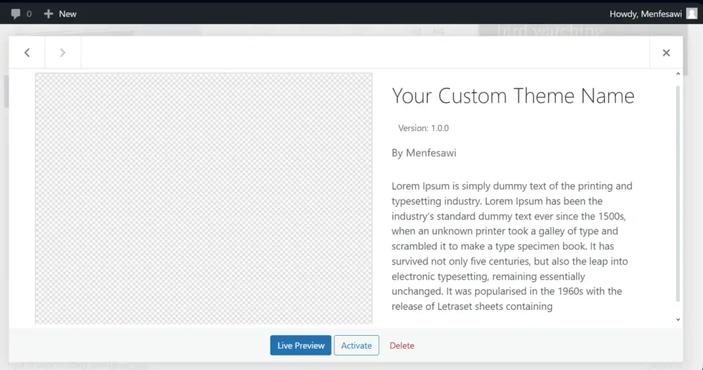Theme info in WordPress Screenshot