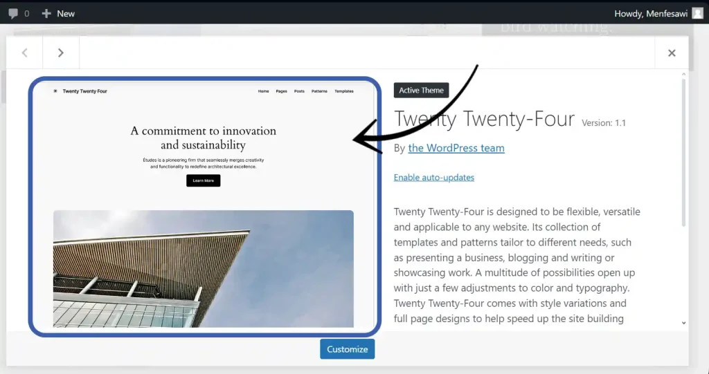 Arrow indicating to screenshot theme image