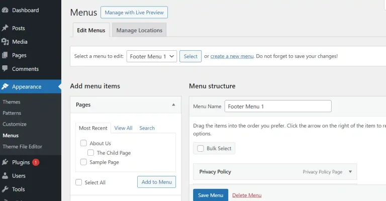 WordPress Menu Screenshot
