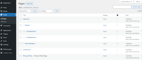 Pages and child pages in wordpress